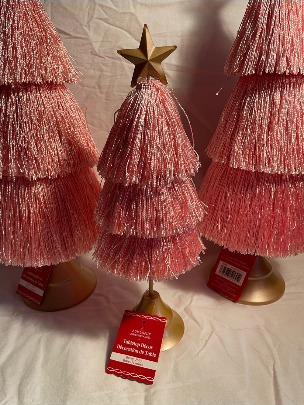NWT 3 Ashland Pink Tassel Tabletop Trees with Gold Stars - Picture 3 of 14